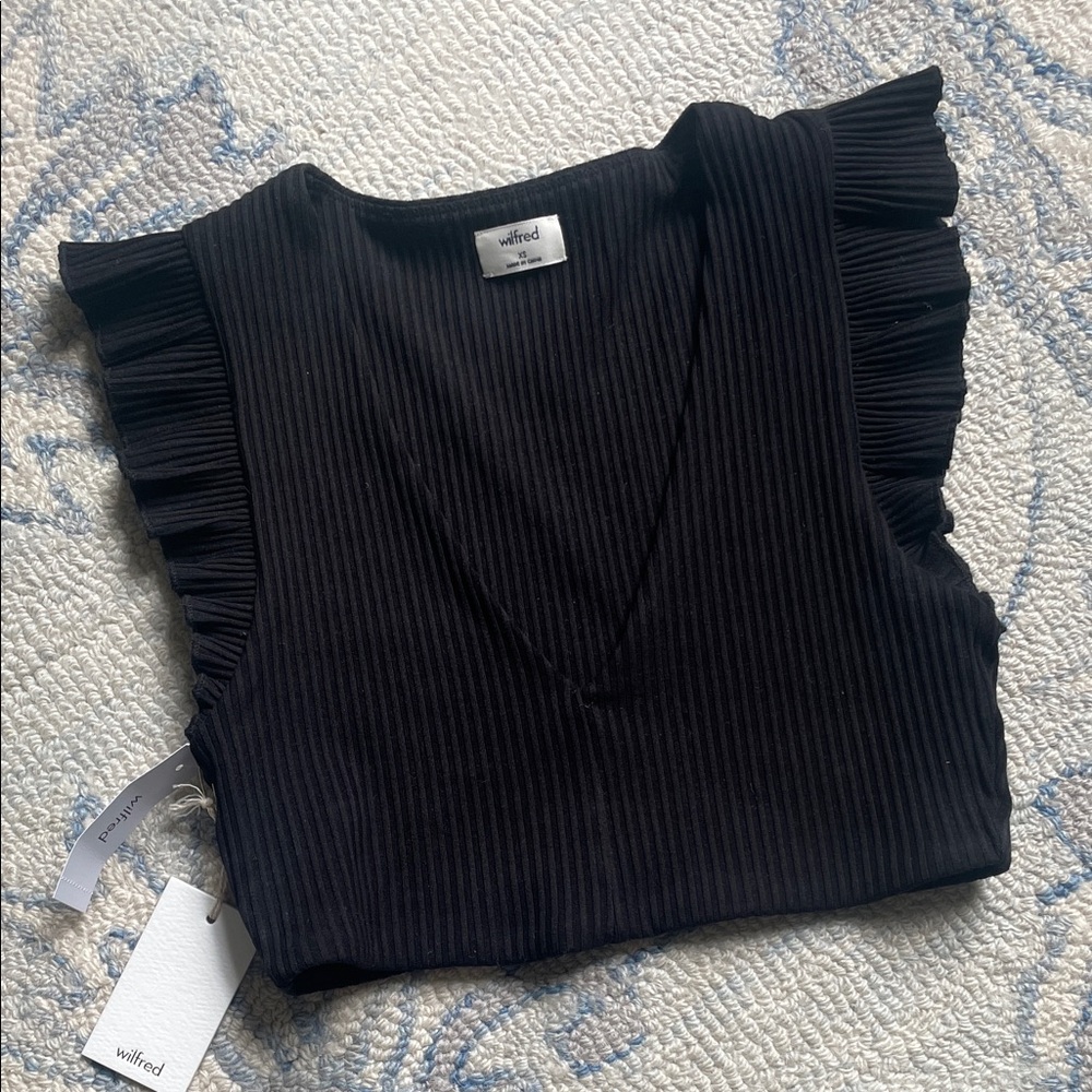 Wilfred Aritzia Black Ribbed Tank Top with Ruffled Sleeves